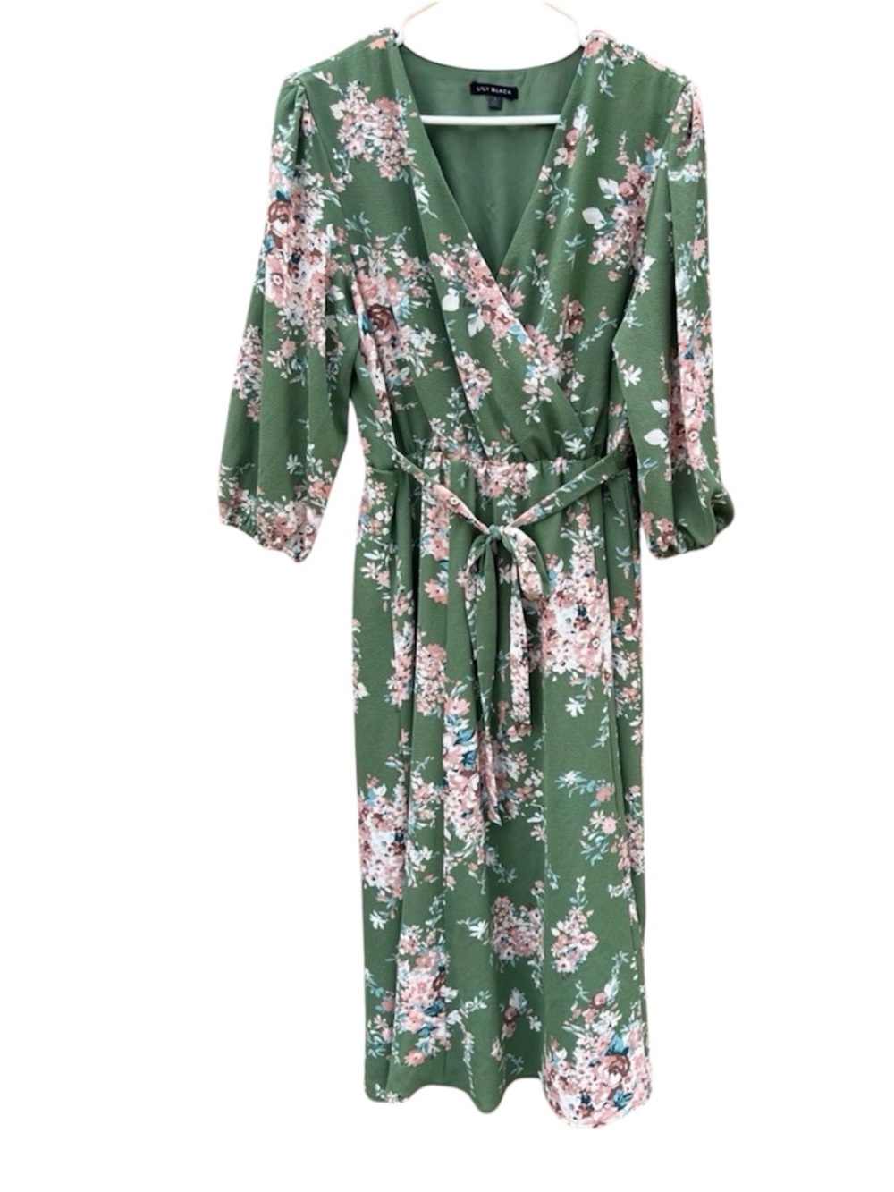 Lily Black V neck Green Floral Midi Dress Size Large